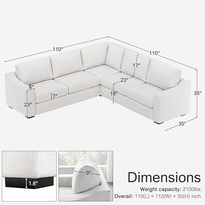 ELUCHANG Convertible Sectional, L-Shaped Couch with Extra Deep Seats, Natural Linen Fabric Comfy Modern Corner Sofa for Living Room, Office, White