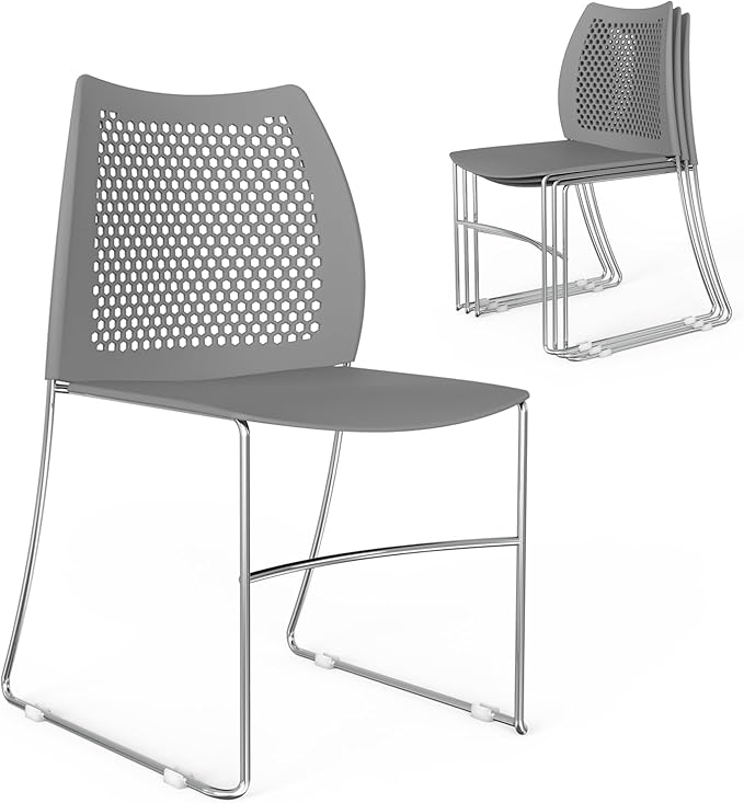 VINGLI Stacking Chairs Set of 4 Stackable Office Chairs with Metal Sled Base, Ergonomic Plastic Seat & Holes Back, Stacking Chairs for Waiting Room Break Room Banquet Guest, Grey