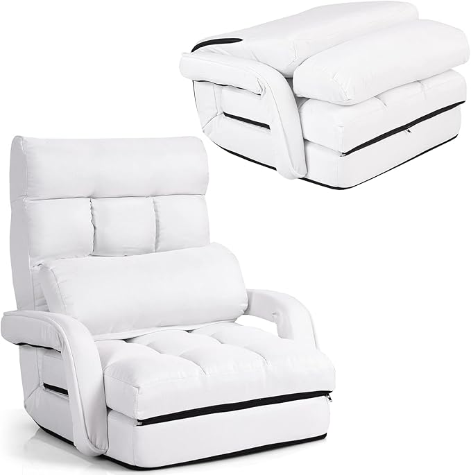 S AFSTAR Indoor Chaise Lounge Sofa, Folding Lazy Sofa Floor Chair with 6-Position Adjustable Backrest Lumbar Pillow, Folding Padded Lounger Bed with Armrests, Assembly-Free (White)