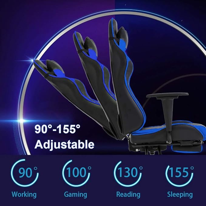 BestOffice | Ergonomic Gaming Chair | Blue | Reclining Computer Chair with Lumbar Support, Headrest Pillow, Adjustable Footrests | 360 Swivel with Heavy Duty Wheels | for Home & Office