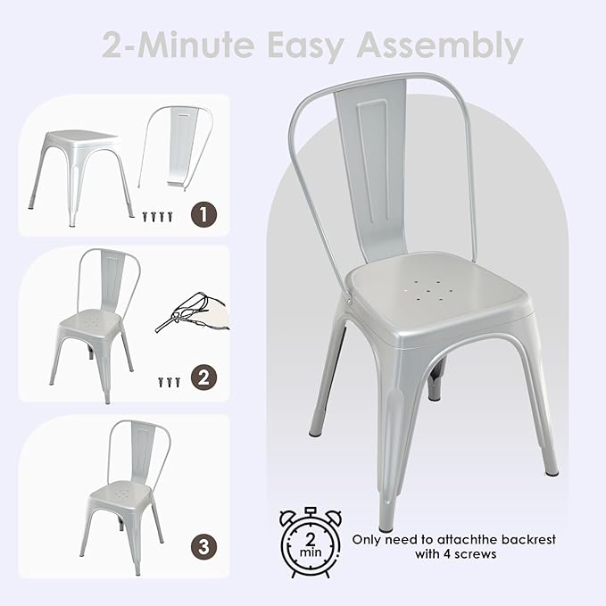 Metal Dining Chairs Set of 2,Stackable Tolix Chair Indoor/Outdoor for Kitchen,Cafe,Restaurant,Bistro & Patio Multiple Colors(Silver)