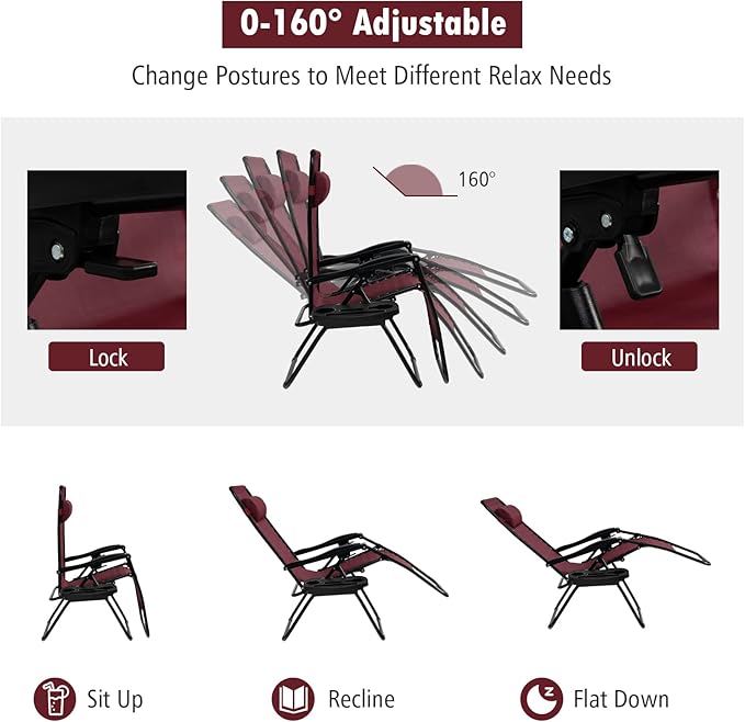 Tangkula Zero Gravity Chair, Folding Patio Lounge Chair Adjustable Outdoor Recliner with Cup Holder, Wide Armrest for Patio Garden Poolside Outdoor Yard Beach, Support 350 lbs (2, Wine)