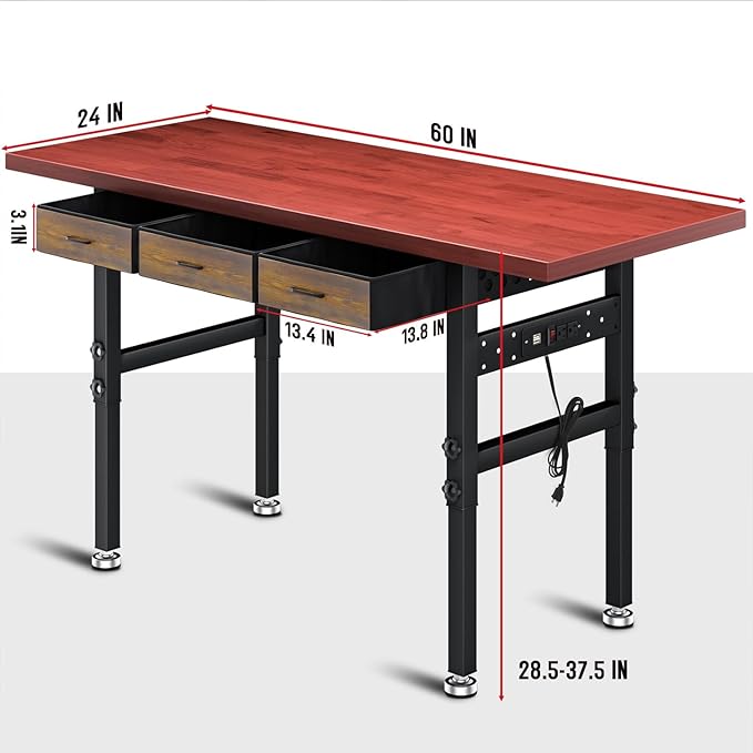 Work Bench, 60" Heavy Duty Workbench, Adjustable Height Work Table with Drawers & Power Strip, 2000LB Capacity, Solid Rubber Wood Garage Workbench, Wood Working Bench, Workshop Desk