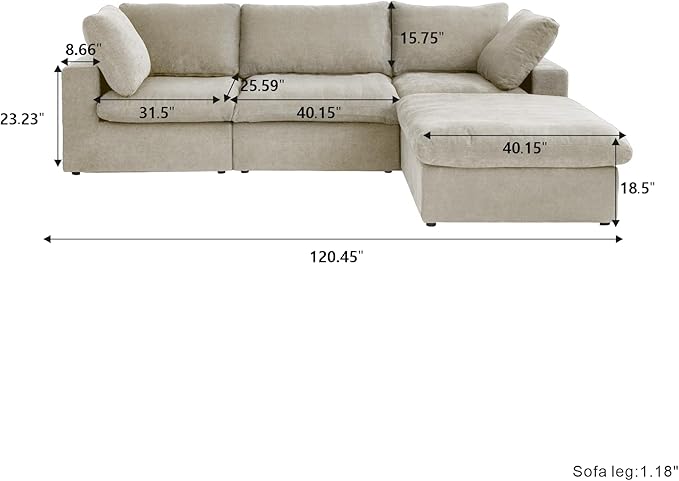 120.45" Cloud Modular Sectional Sofa with Storage Ottoman, L Shaped Minimalist Convertible Couch Deep Seat Sofa for Living Room Sofa Sets-Khaki