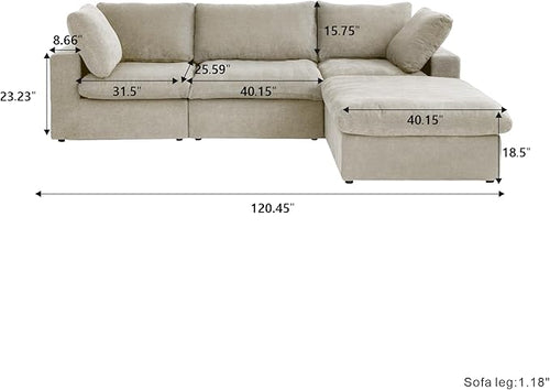 120.45" Cloud Modular Sectional Sofa with Storage Ottoman, L Shaped Minimalist Convertible Couch Deep Seat Sofa for Living Room Sofa Sets-Khaki