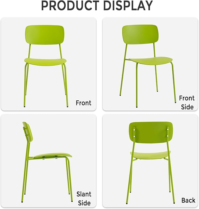 Sidanli Stackable Chairs Set of 4, Metal Dining Chairs with Plastic Seat, Capacity 300lbs, Stacking Chairs for Waiting Break Room Kitchen Party, Green