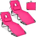 GYMAX Tanning Chair, 350lbs Beach Lounge Chair with Face Hole, Washable Pillow & Carry Strap, Adjustable Folding Chaise Lounge, Layout Lounger for Outside, Patio, Poolside, Lawn (2, Pink)