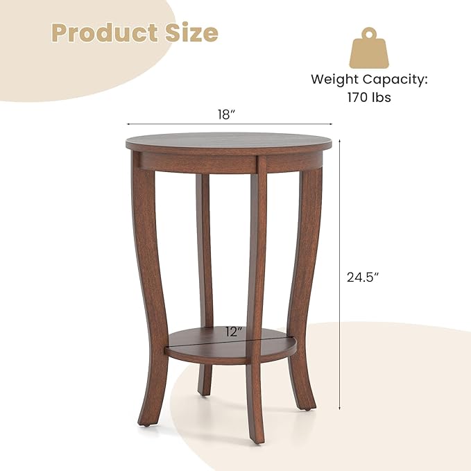 GOFLAME 2-Tier Round End Table Set of 2, 18” Sofa Side Table with Storage Shelf, Floor Tea Table with Solid Wood Legs, Compact Nightstand for Small Space, Living Room, Bedroom, Walnut