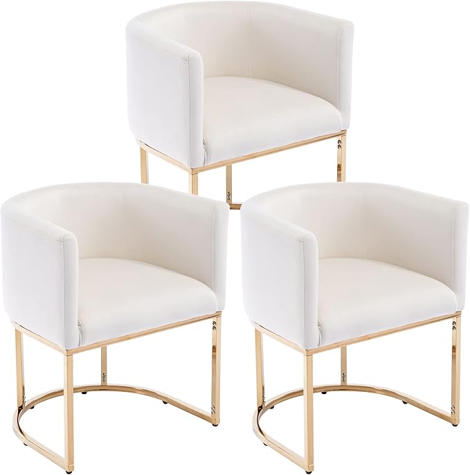 VESCASA Velvet Upholstered Dining Chairs with Barrel Back, Mid Century Modern Padded Restaurant Chairs with Gold Metal Frame for Kitchen, Dining Room, Set of 3, White