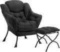 HollyHOME Lazy Chair with Foldable Ottoman, Accent Comfy Lounge Armchair and Folding Footrest Stool, Leisure Sofa Reading Chair and Footstool for Living Room, Bedroom, Dorm,Peachskin Fabric Black