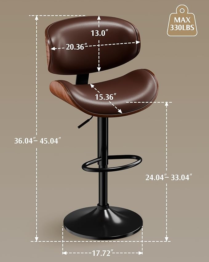 Aowos Bar Stools Set of 4, Adjustable Swivel Leather Bar Stools for Kitchen Island, Mid Century Modern Counter Height Bar Chairs Barstools with Back & Footrest (Brown)