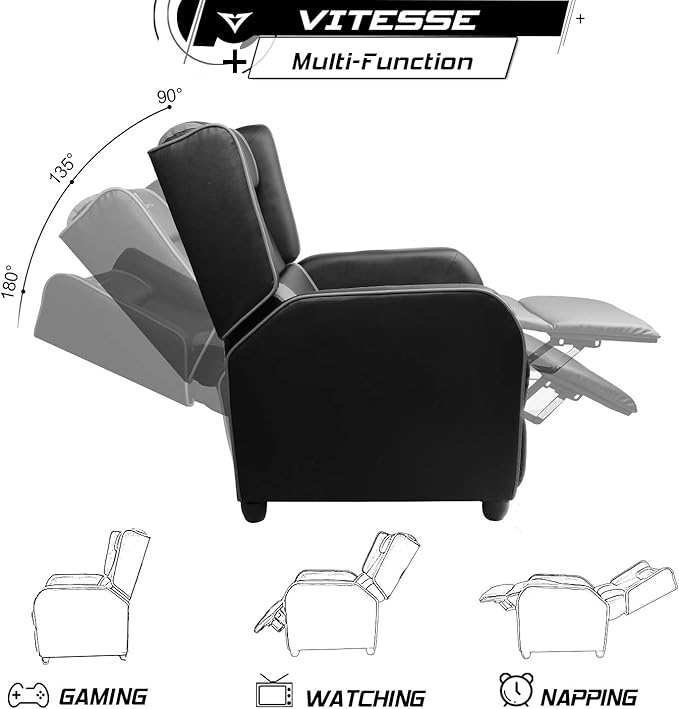 VITESSE Gaming Recliner Chair Racing Style Single PU Leather Sofa Modern Living Room Recliners Ergonomic Comfortable Home Theater Seating, Grey