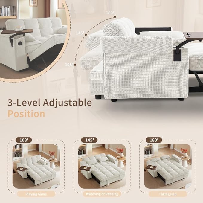 oaaktu ﻿ Large Size Convertible Sleeper Sofa Bed,Polka dot Velvet Pull Out Futon Couch with Storage handrails & Rotating Side Tables,Convertible Sofa Couch for Living Room,RV (Beige)