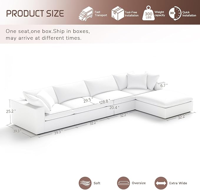 Forest aesthetics Cloud Modular Sectional Sofa,143" Down Filled Sofa 4 Seat with Chaise,Minimalist Sofa Cover Washable and Replaceable Couches for Living Room,Sectional Sofa Deep Seat