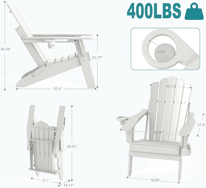 FOOWIN Adirondack Chair Set of 2, Folding Adirondack Chair with Cup Holder, HDPE All-Weather Fire Pit Chair for Patio, Garden, Backyard, Poolside, White