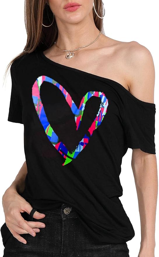 MAGICMK Women’s Short Lips Print Causal Off The Shoulder Plus Size T-Shirt Tops