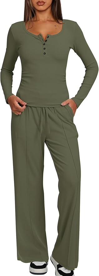 Darong Womens 2 Piece Matching Lounge Sets 2026 Long Sleeve Henley Shirts Wide Leg Pants Airport Travel Outfits