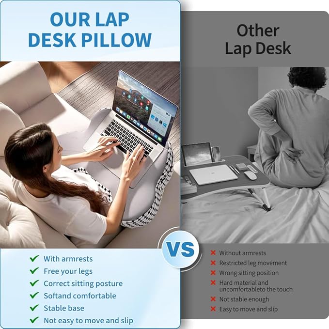 Laptop Pillow, Ergonomic Memory Foam Lap Desk Cushion Soft Reading Gaming Pillow for Lap with Knitting Side Pocket for Casual Living Reading, Working, Gaming, Writing in Bed Couch Floor