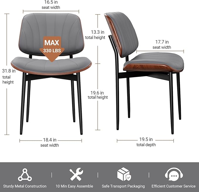 Dining Chairs Set of 6, Mid-Century Modern Upholstered PU Leather Chairs with Walnut Back and Metal Legs Adjustable Feet for Kitchen Dining Room, Dark Gray Shell Strips