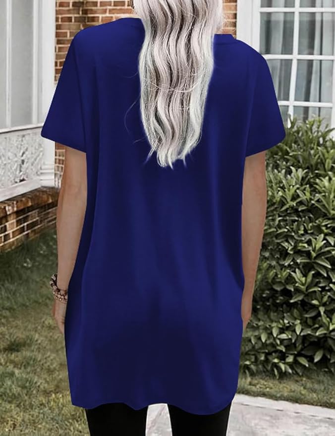 Poetsky Summer Womens Tunic Tops for Leggings with Pockets Short Sleeve Casual Long T Shirts S-3XL