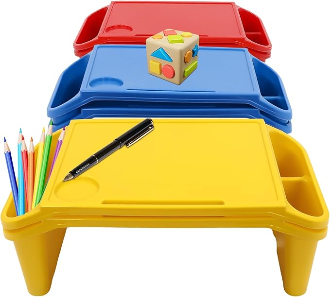 6 Pack Kids Lap Desk Tray with Storage Slots, Portable Lap Desk, Activity Tray, Drawing, Stackable, Writing, Eating, Classroom, 19.69" L x 9.84" W x 7.1" H (Red+Blue+Yellow)