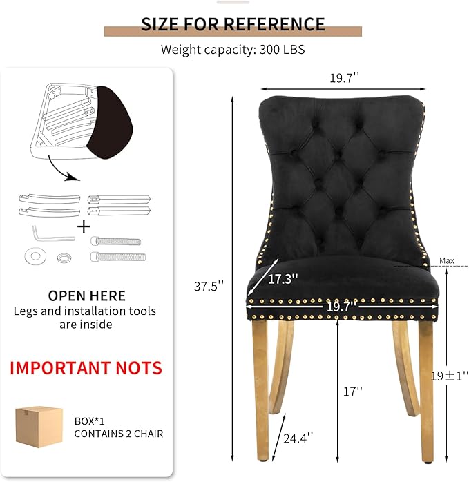 YeahFurn Mid Century Modern Dining Chairs Set of 2, Black Velvet Upholstered Tufted Back, Kitchen & Dining Room Chairs, Gold Metal Legs, Nailhead Trim, Sillas para Comedor (Black, 2 Pcs)