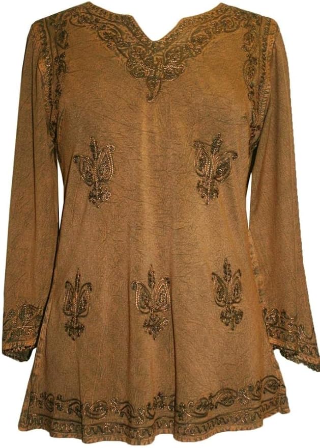 Agan Traders 2025 Winter Long Sleeve Diamond Neck Embroidered Tops - Medieval Boho Vintage Tunic Kurta Blouses for Women