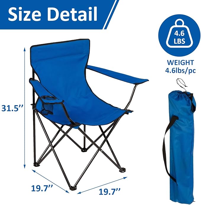 SAILARY Folding Camping Chair with Cup Holder, 225lbs Capacity, Portable Foldable Chair with Large Anti-Sink Feet, PE Coated Fabric for Outdoor, Beach, Fishing, Backpacking, Blue 2PCS