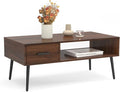 HAIOOU Coffee Table, Mid Century Modern Center Table for Living Room with Storage, Walnut Tea Table with Drawer, Open Storage Shelf, Floor-Anti-Scratching Pine Leg for Home, Office(Dark Brown) | Center Table, Living Room, Storage, Tea Table, Drawer, Op...