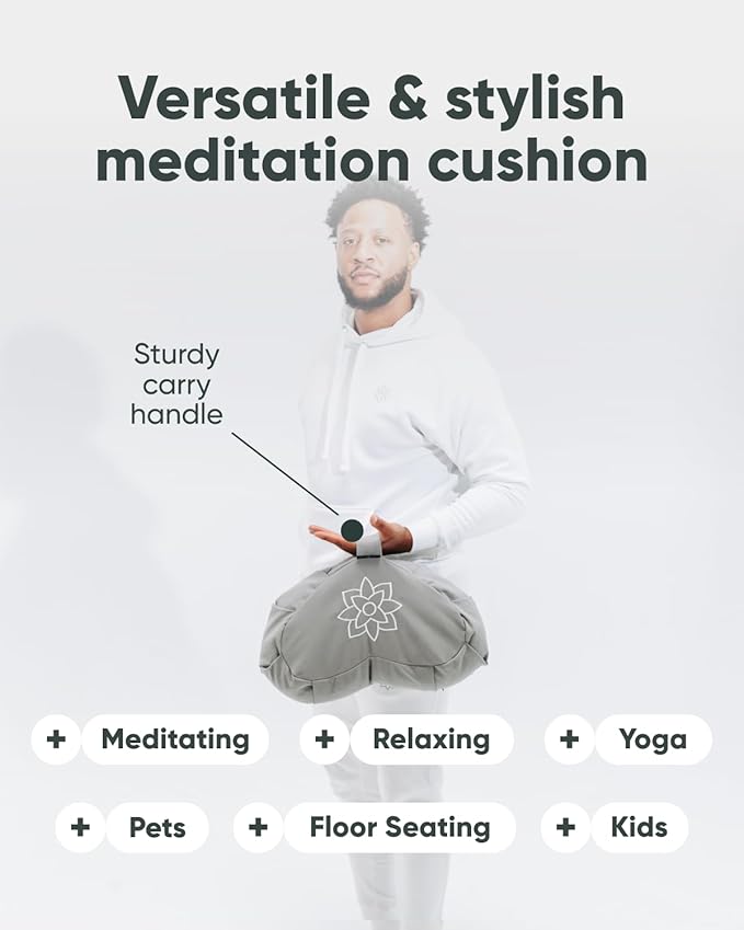 Mindful & Modern Large Meditation Cushion | Zafu Yoga Bolster Meditation Floor Pillow Seat | Buckwheat Hull Filled Crescent Shaped Cushion with Removable Washable Cover + Carry Handle | Grey