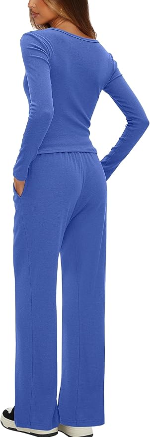 Darong Womens 2 Piece Matching Lounge Sets 2026 Long Sleeve Henley Shirts Wide Leg Pants Airport Travel Outfits