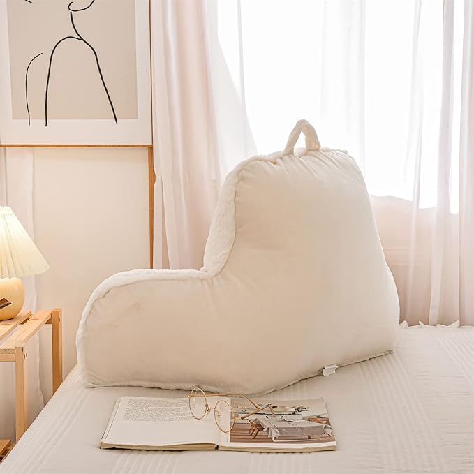 A Nice Night Faux Fur Reading Pillow Bed Wedge Large Adult Children Backrest with Arms Back Support for Sitting Up in Bed/Couch for Bedrest,Ivory,Large