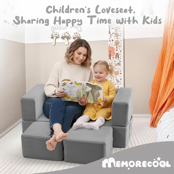 MeMoreCool Kids Play Couch Sofa – Grey Modular Convertible Foam Couch Soft Fold-Out Toddler Seating for Creative Play, Reading, Resting & Playroom Fun