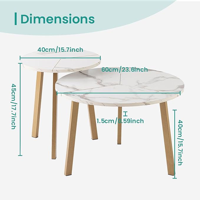 SUNBURY Coffee Table Nesting White Set of 2, Round Coffee Table 23.6", Side Tables for Living Room Bedroom Balcony Yard