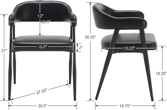 Wahson Black Leather Dining Chairs Set of 4 with Black Metal Legs, Mid Century Modern Kitchen Chairs with Curved Backrest, Accent Low Back Armset Chairs for Dining Room/Kitchen/Bar
