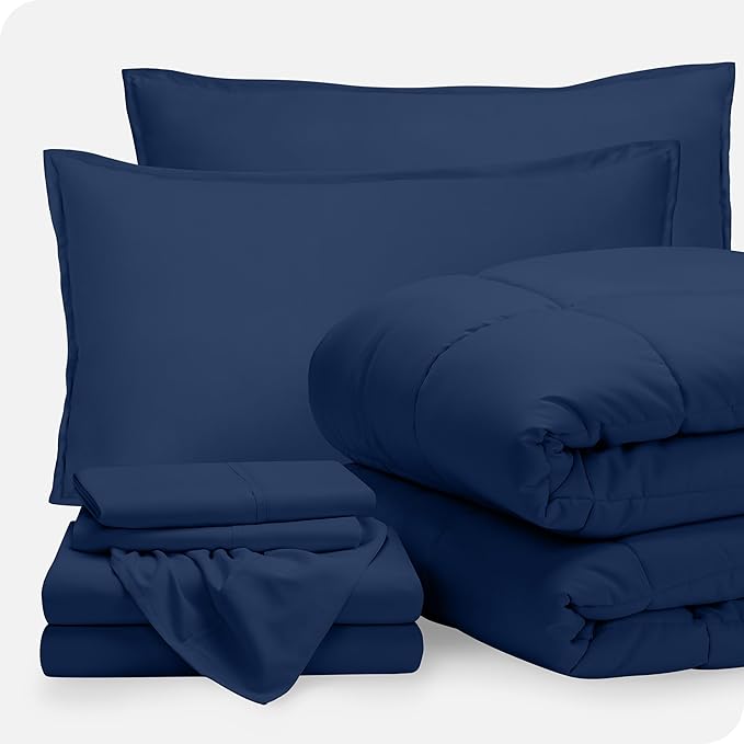Bare Home Bed-in-A-Bag 7 Piece Comforter & Sheet Set - Queen - Goose Down Alternative - Ultra-Soft 1800 Premium - Bedding Set (Queen, Dark Blue/Dark Blue)