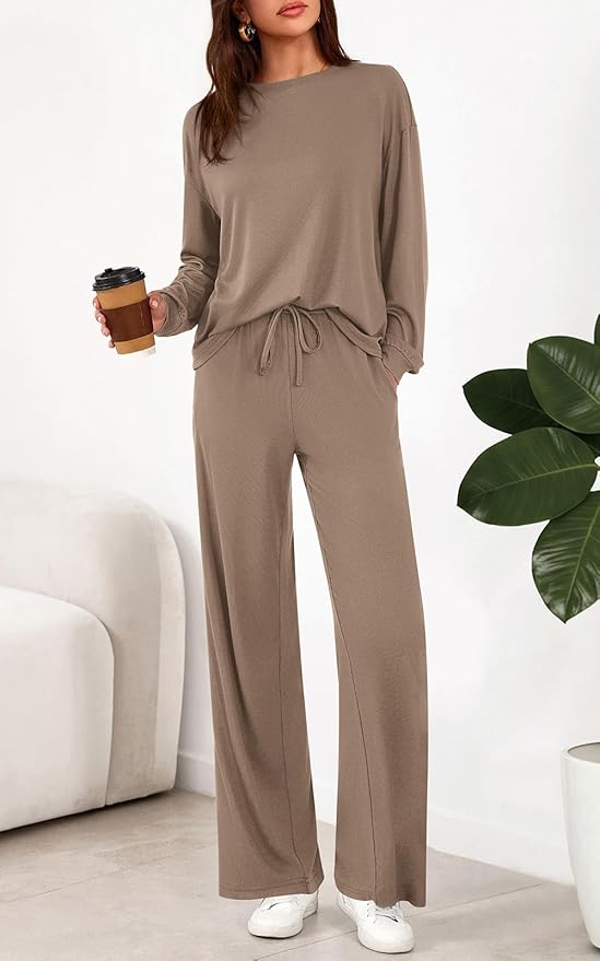 PRETTYGARDEN Womens 2 Pieces Lounge Sets Crewneck Long Sleeve Wide Leg Drawstring Pants Tracksuits Loose Fit Outfits Set