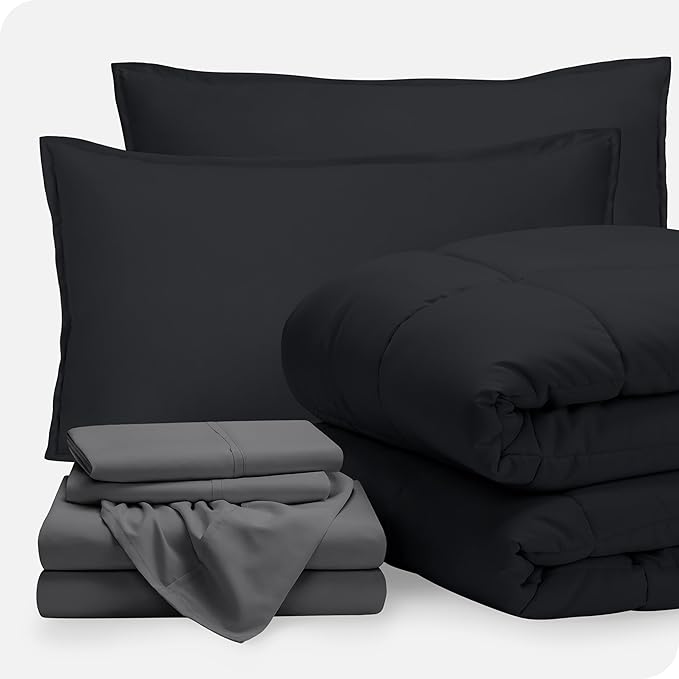 Bare Home Bed-in-A-Bag 7 Piece Comforter & Sheet Set - Full XL - Goose Down Alternative - Ultra-Soft 1800 Premium Bed Set (Full XL, Black/Grey)