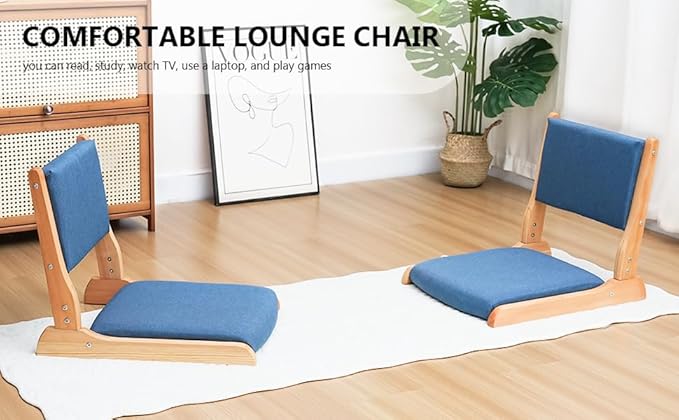 Japanese Floor Chair with Back Support, Foldable Meditation Chair, Legless Tatami Chair with Cushion, Floor Seat for Living Room, Bedroom, Bay Window (1, Blue)