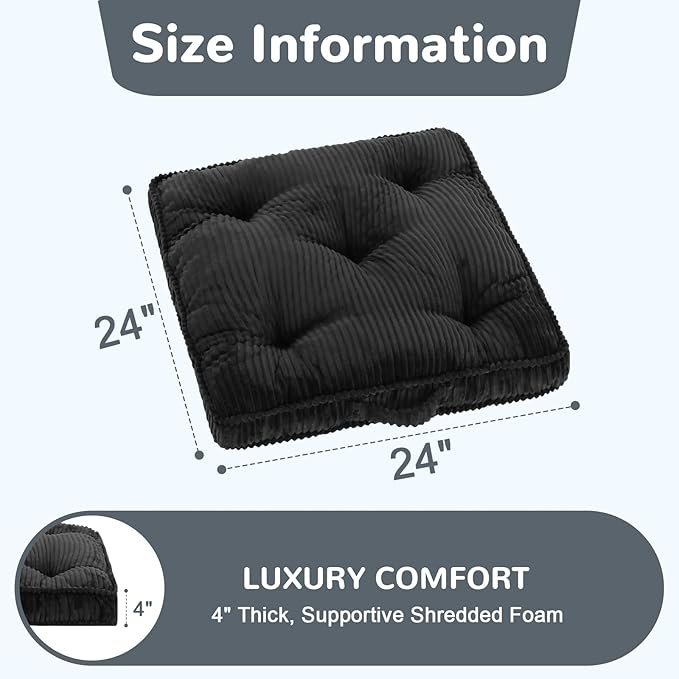 PRIMEPATIO Square Floor Pillow for Adults, Tufted Floor Cushion for Sitting, Large Meditation Cushion, Thick Corduroy Seat with Handle, Tatami Seating for Yoga, 24x24 Inch Dark Grey, 1Pack