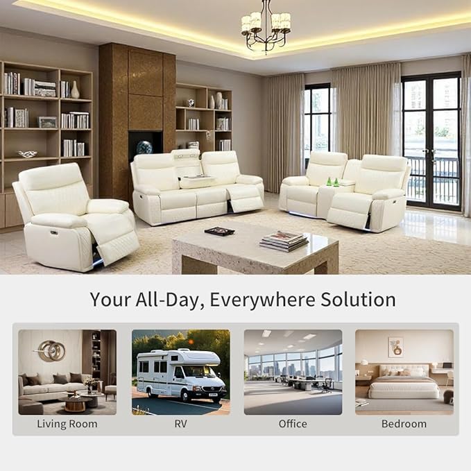 Toseslo Power Recliner Loveseat Set, Living Room Furniture Sets, Leather Reclining Sofa Sectional Couch, 2 Seater Reclining Couches, Reclining Sofa with Storage Console for House, Vanilla White