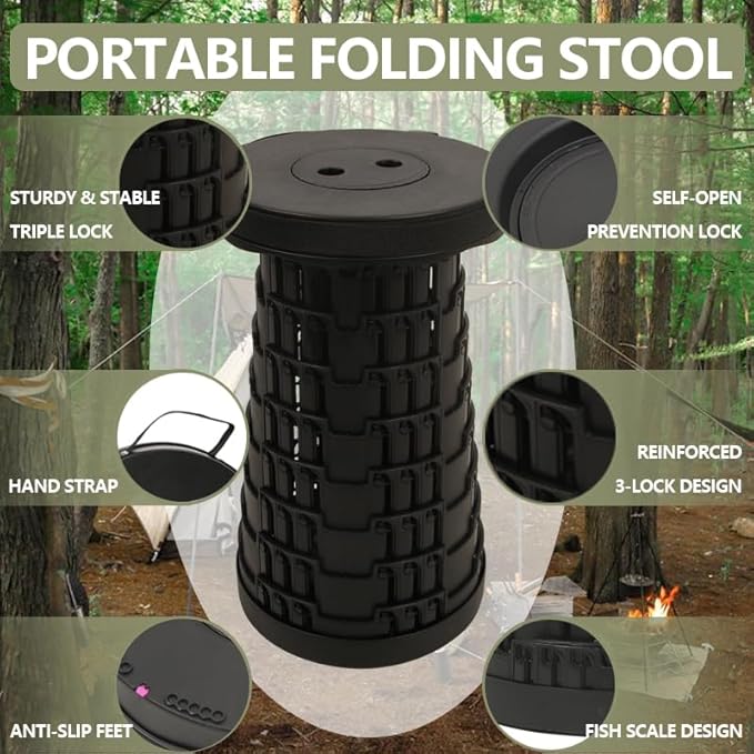 JAEMEYEM 2025 Collapsible Stool Chair, Max 660lb Upgraded Folding Stool, Lightweight, Sturdy, Adjustable, Portable, Foldable Seat Stools for Outdoor Camping Fishing Hiking BBQ