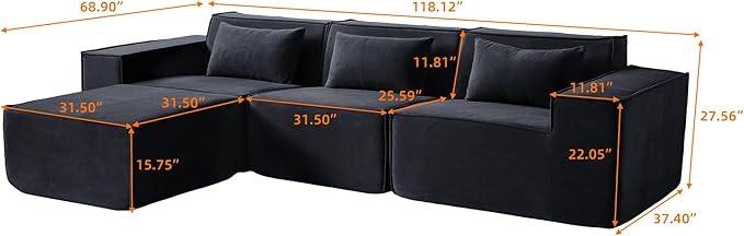 JACH L-Shaped Cloud Sectional Couch, 118" Huge Plus Modular Couch, Modern Comfy Cloud Couches with Reversible Chaise Ottoman, Sofas Furniture for Living Room, Office, Apartment, Black