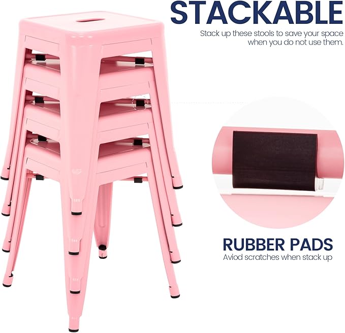 Brage Living 18 Inch Industrial Metal Stools Set of 4, Stackable Classroom Stools, Backless Metal Dining Chairs for Indoor Outdoor, Kitchen Short Stools (Pink)