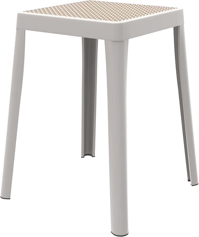 LeisureMod Stackable Square Plastic Dining Stool - Mid-Century Modern Backless Accent Stool with Wicker Top for Kitchen & Dining Room, White