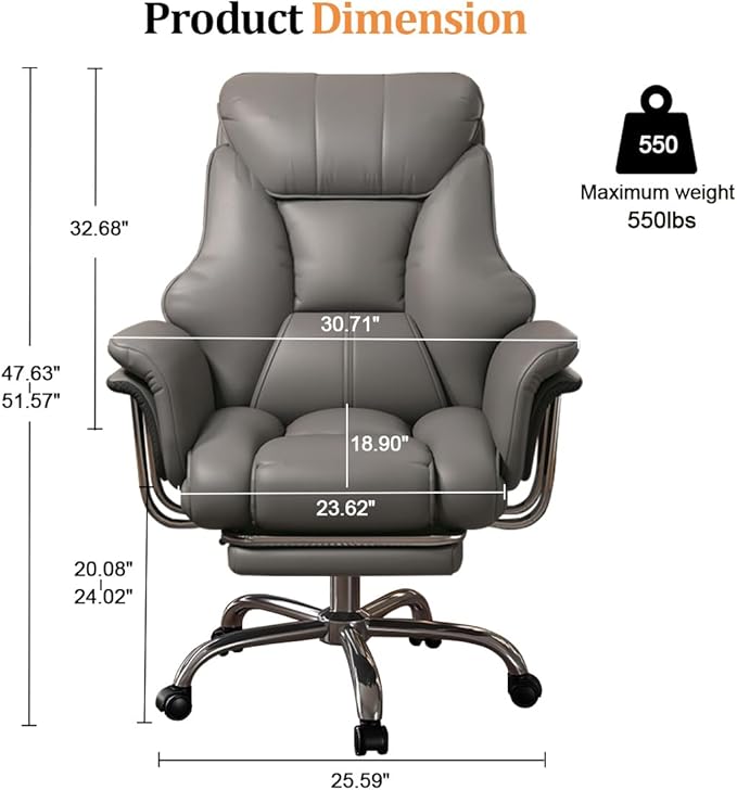 BTFYOU Big and Tall Office Chair with Armrests Executive Chair with Footrest and Spring Lumbar Support High Back Leather Ergonomic Chair Adjustable Height Tilt Lock for Business