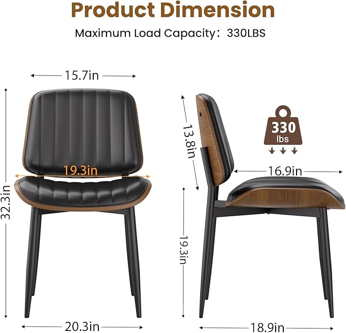 YaFiti Dining Chairs Set of 6, FSC Certified Mid Century Modern Dining Room Kitchen Chairs, Upholstered PU Leather Vertical Stripe Chairs for Vanity with Walnut Bentwood and Metal Legs, Black