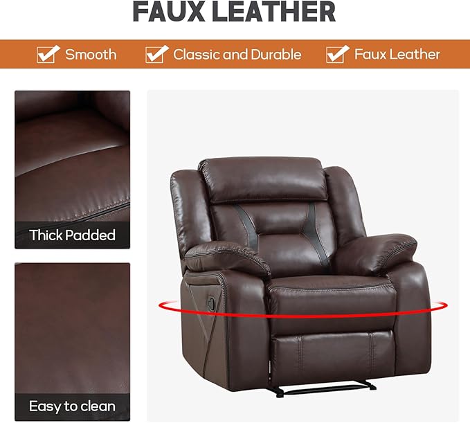 EBELLO Faux Leather Manual Recliner Chair, Modern Design Single Reclining Sofa Chair with Comfortable Armrest and Backrest, Furniture for Living Room, Bedroom, Dark Brown