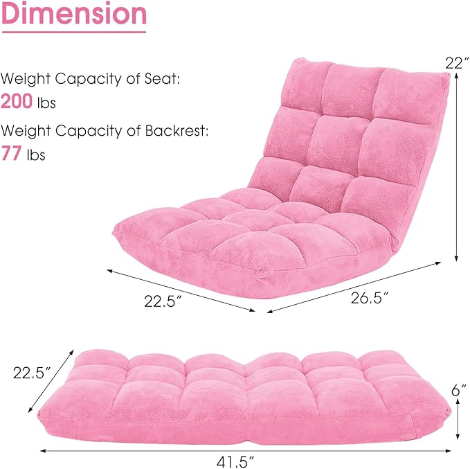 Giantex Floor Chair with Back Support, Folding Sofa Chair with 14 Adjustable Position, Padded Sleeper Bed, Couch Recliner, Floor Gaming Chair, Meditation Chair, Gaming Floor Chairs for Adults(Pink)