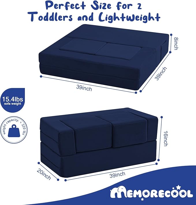 MeMoreCool Convertible Modular Kids Couch – Foam Toddler Sofa with Washable Removable Cover, Soft Plush Fold-Out Floor Couch for Bedroom (Navy)